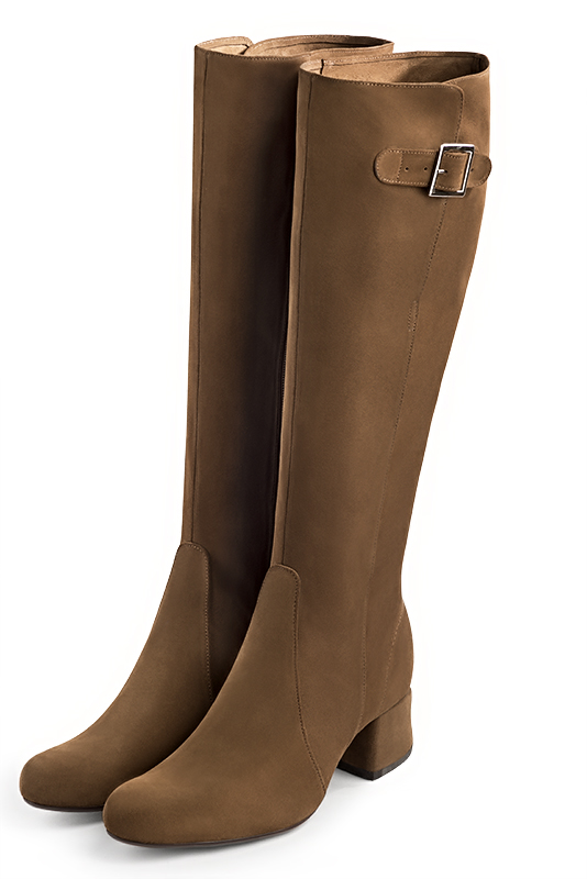 Chocolate brown women's knee-high boots with buckles. Round toe. Low flare heels. Made to measure. Front view - Florence KOOIJMAN